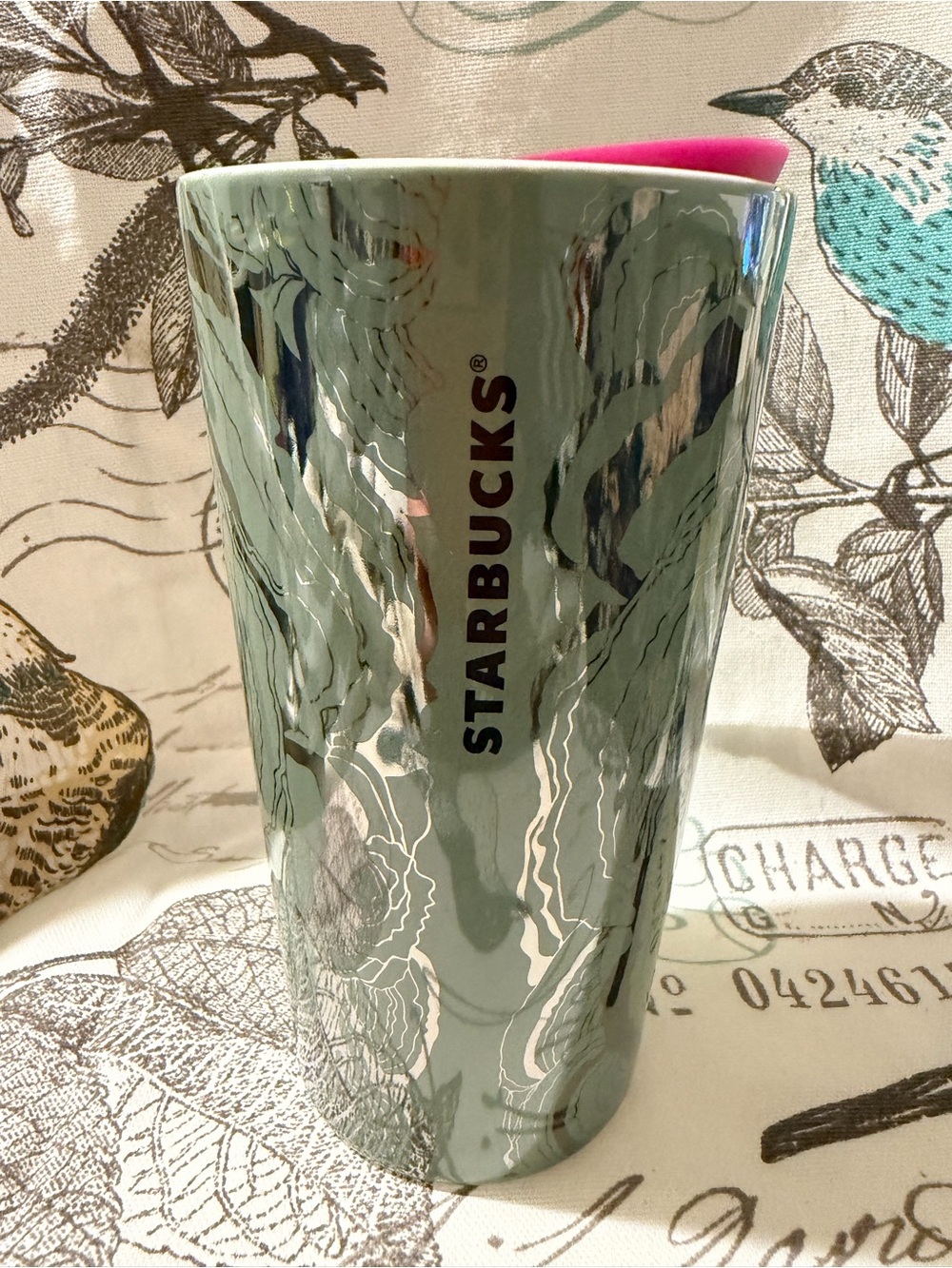 Starbucks Sage Green Floral Tumbler with Pink Lid